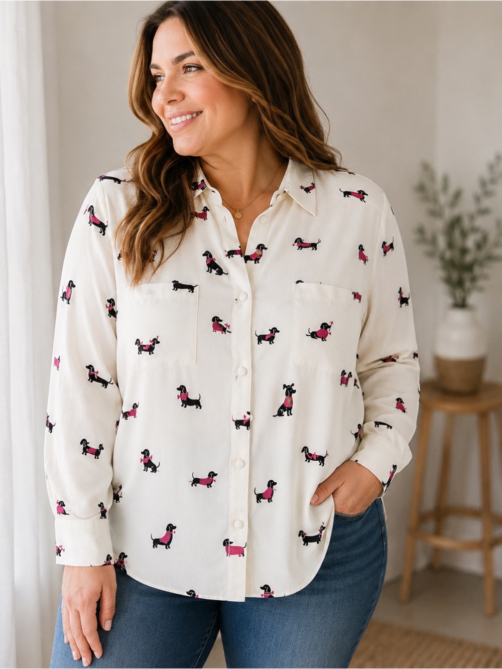 NWT Torrid Madison Dachshund Print Button Up Blouse 2X Ivory Dog Shirt